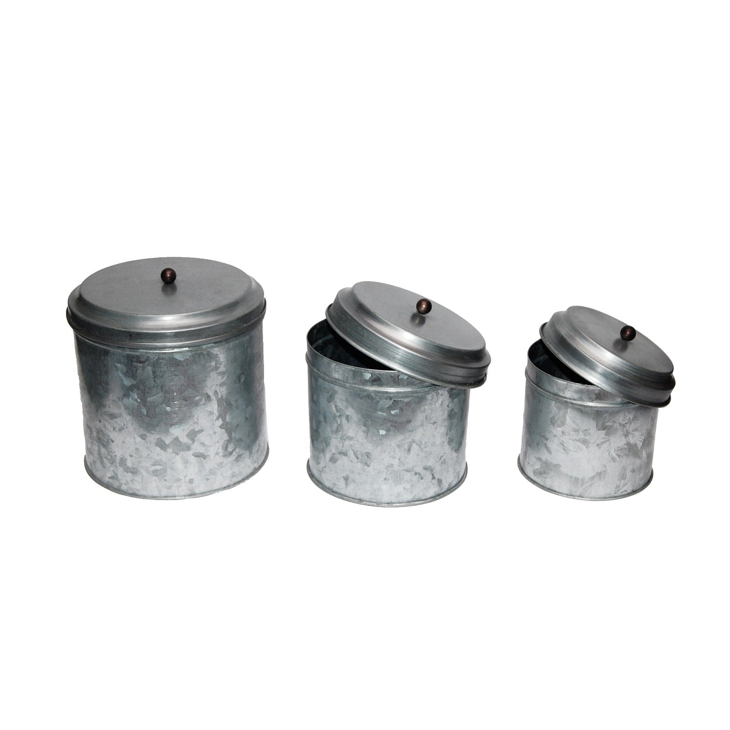 Galvanized Metal Lidded Canister With Ball Knob, Set of Three, Gray Food Storage Kitchen Accessory