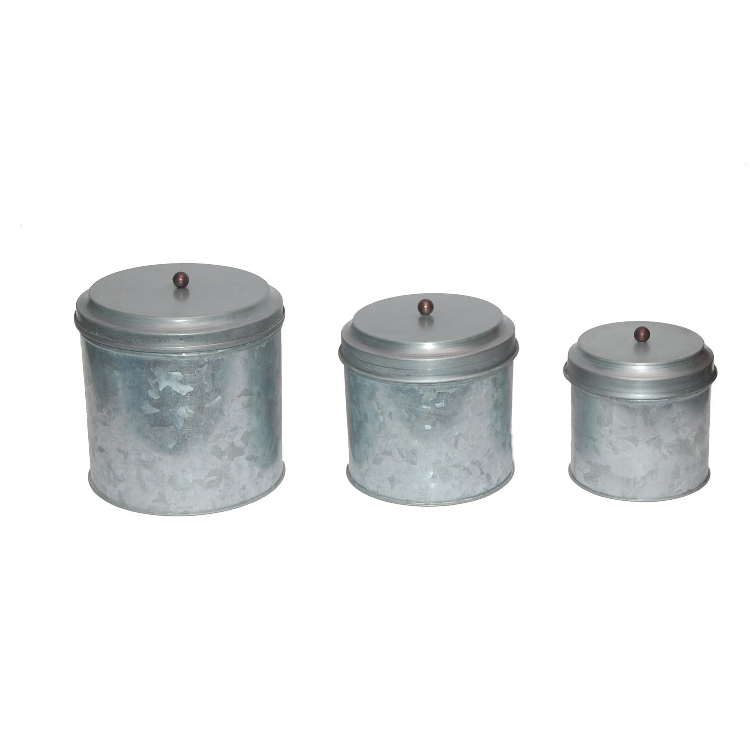Galvanized Metal Lidded Canister With Ball Knob, Set of Three, Gray Food Storage Kitchen Accessory