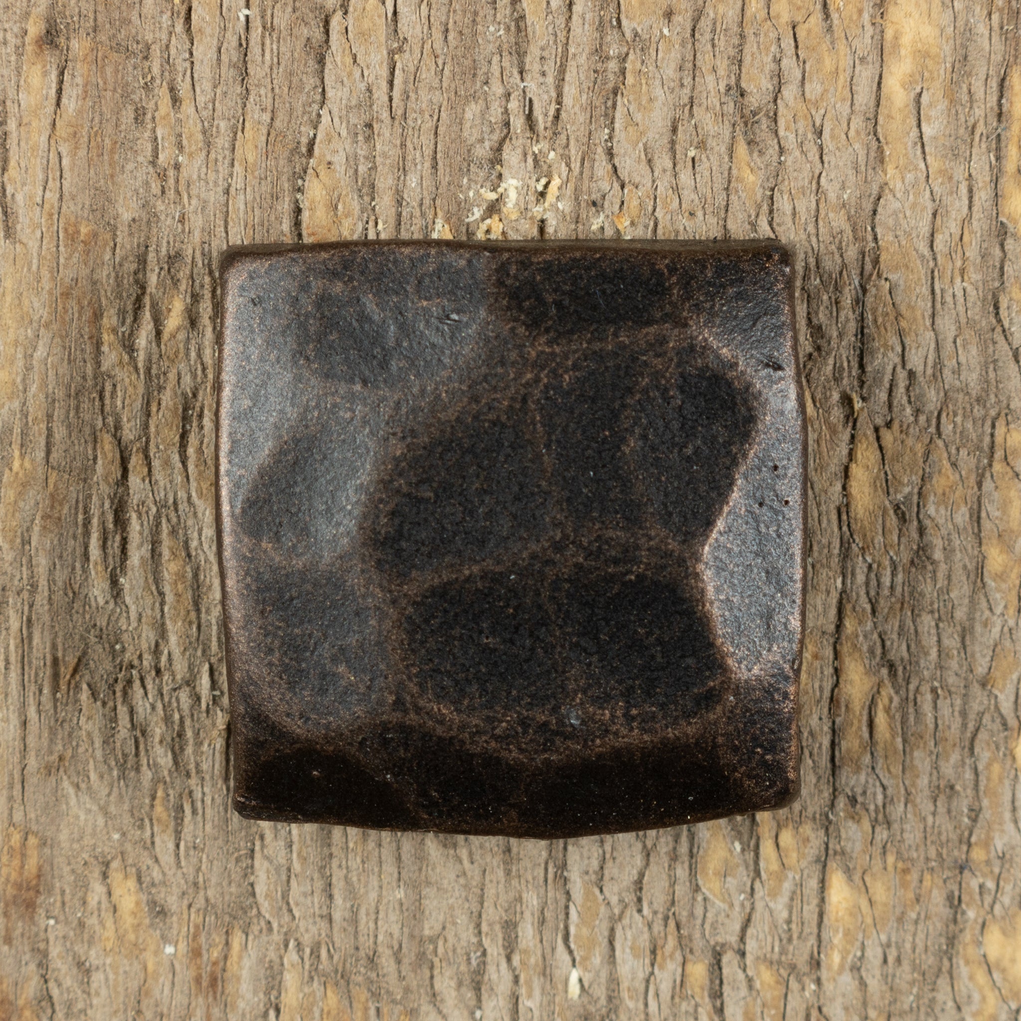 A square head lag hand hammered painted black with and oil rubbed bronze finish screwed into a wood background