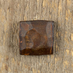 A hand hammered squared head lag with a natural rust finish screwed int wood for the background