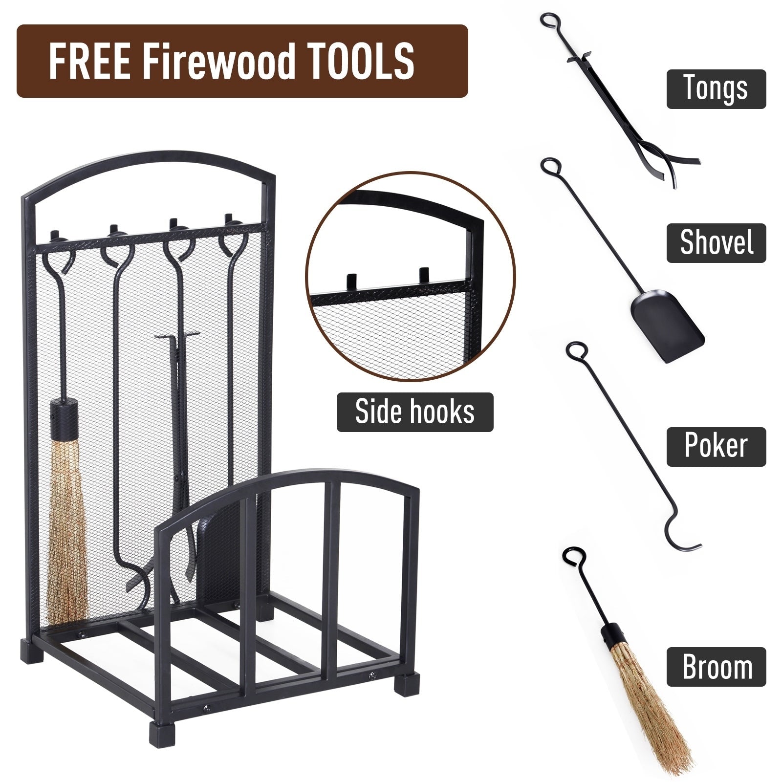 HomCom Firewood Log Rack Storage Holder Stand with Tool Kit Iron Indoor Outdoor - Black Fireplace Accessory