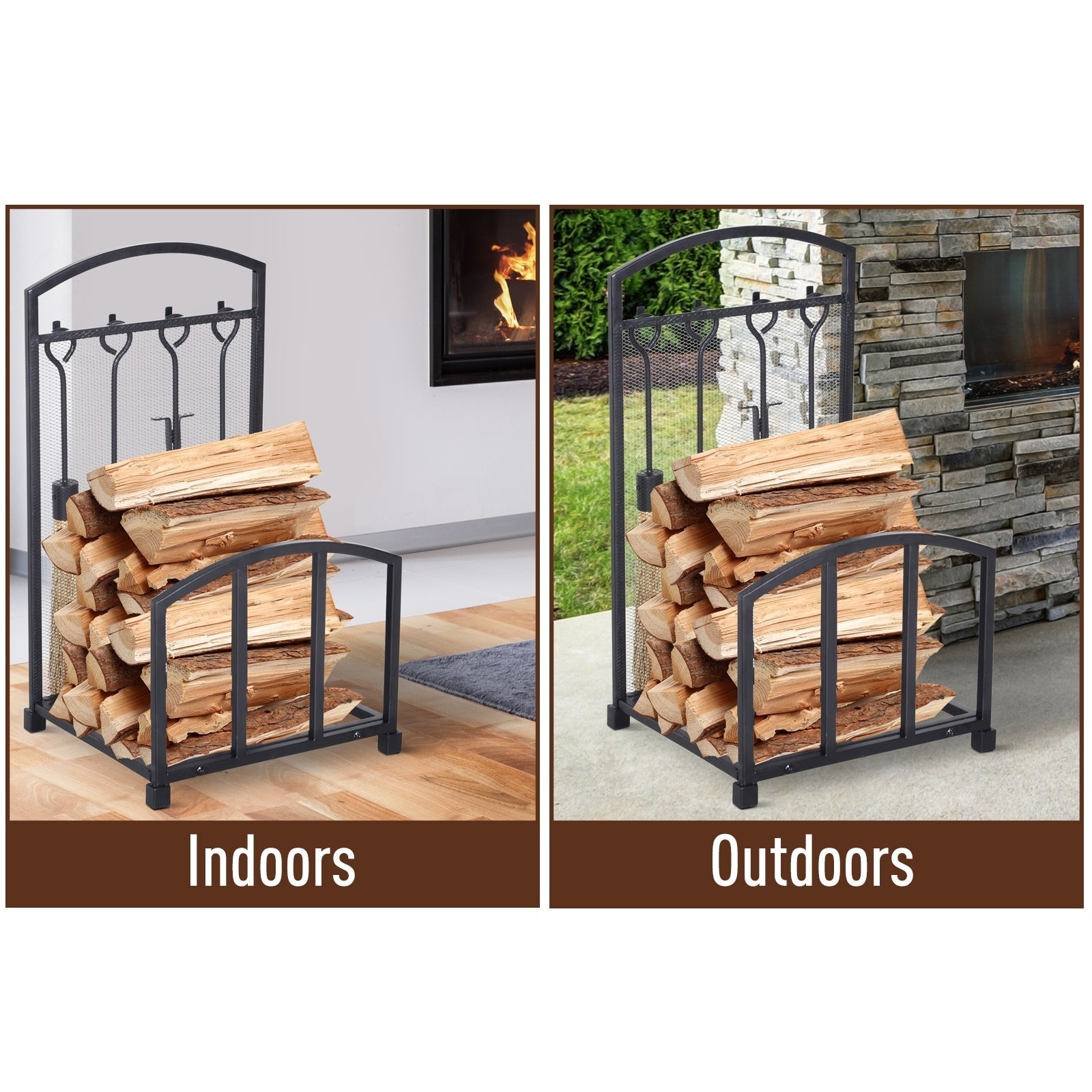 HomCom Firewood Log Rack Storage Holder Stand with Tool Kit Iron Indoor Outdoor - Black Fireplace Accessory