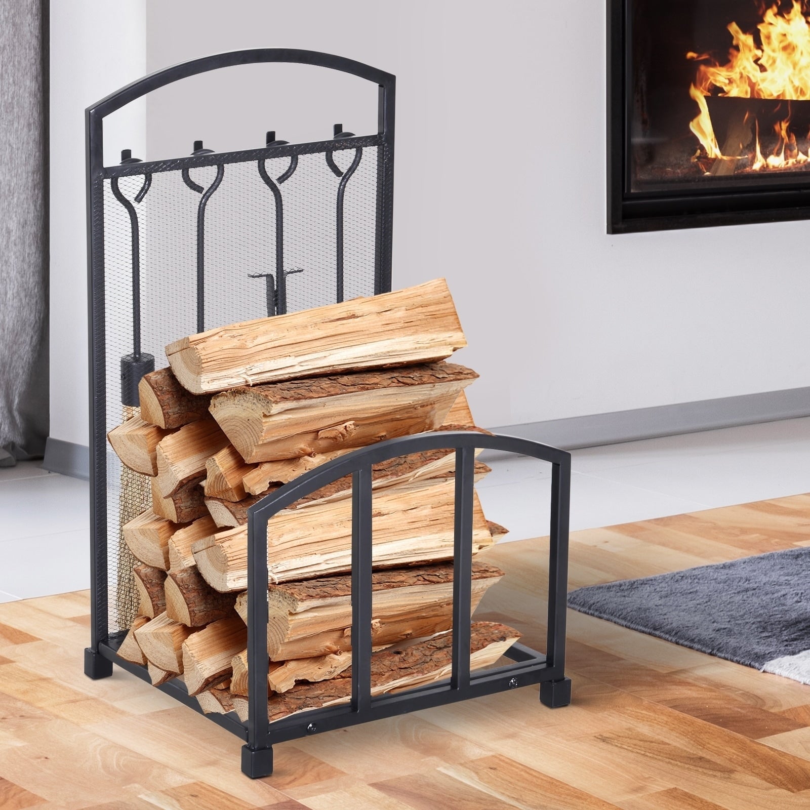 HomCom Firewood Log Rack Storage Holder Stand with Tool Kit Iron Indoor Outdoor - Black Fireplace Accessory