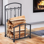 HomCom Firewood Log Rack Storage Holder Stand with Tool Kit Iron Indoor Outdoor - Black Fireplace Accessory