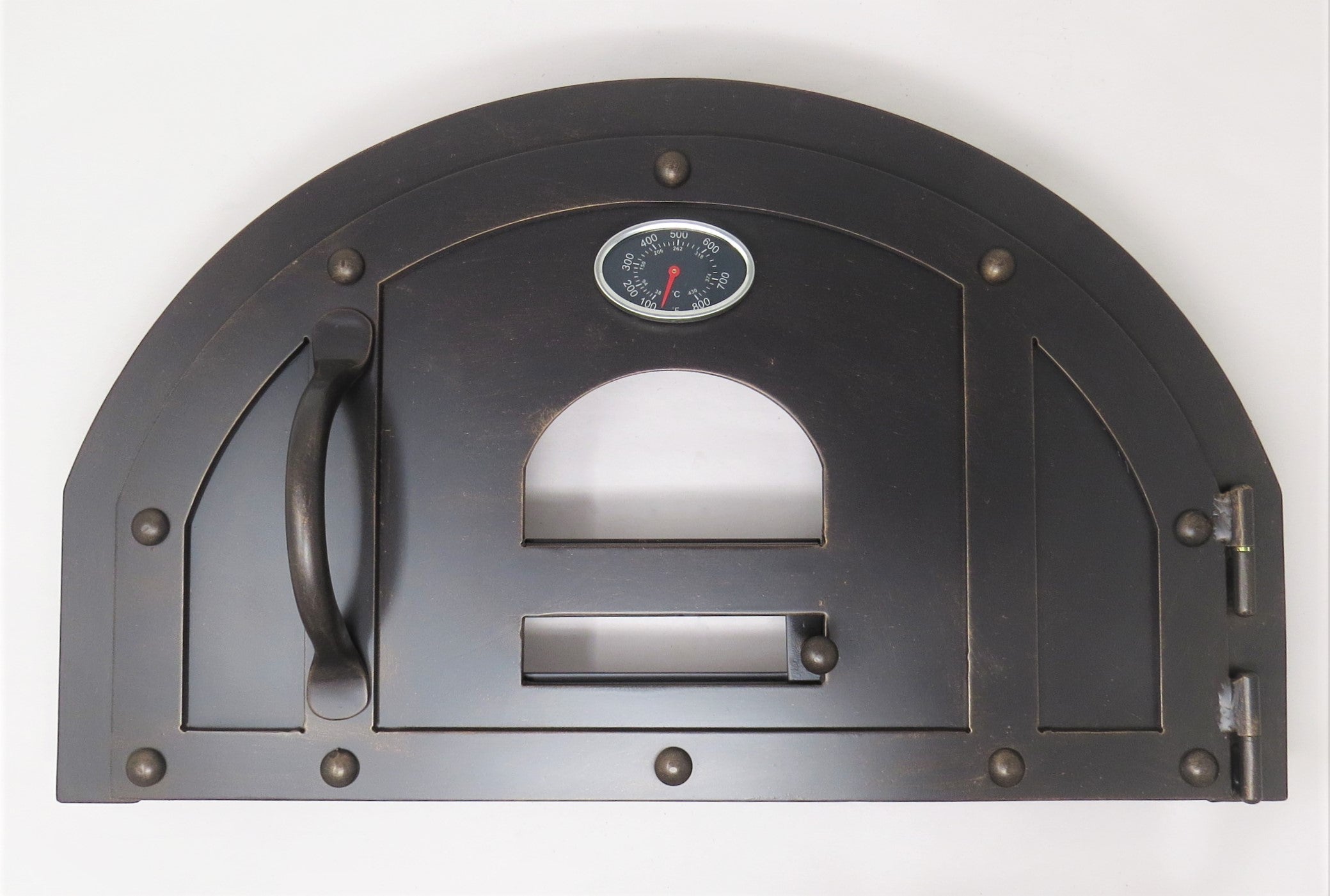 XL Rustic Arched Hinged Pizza Oven Door with thermometer damper and window smooth smiple sleek and modern