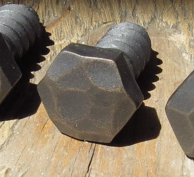 A hammer-textured hex head lag screw with visible threads and a flat hexagonal head, placed on a wooden surface.