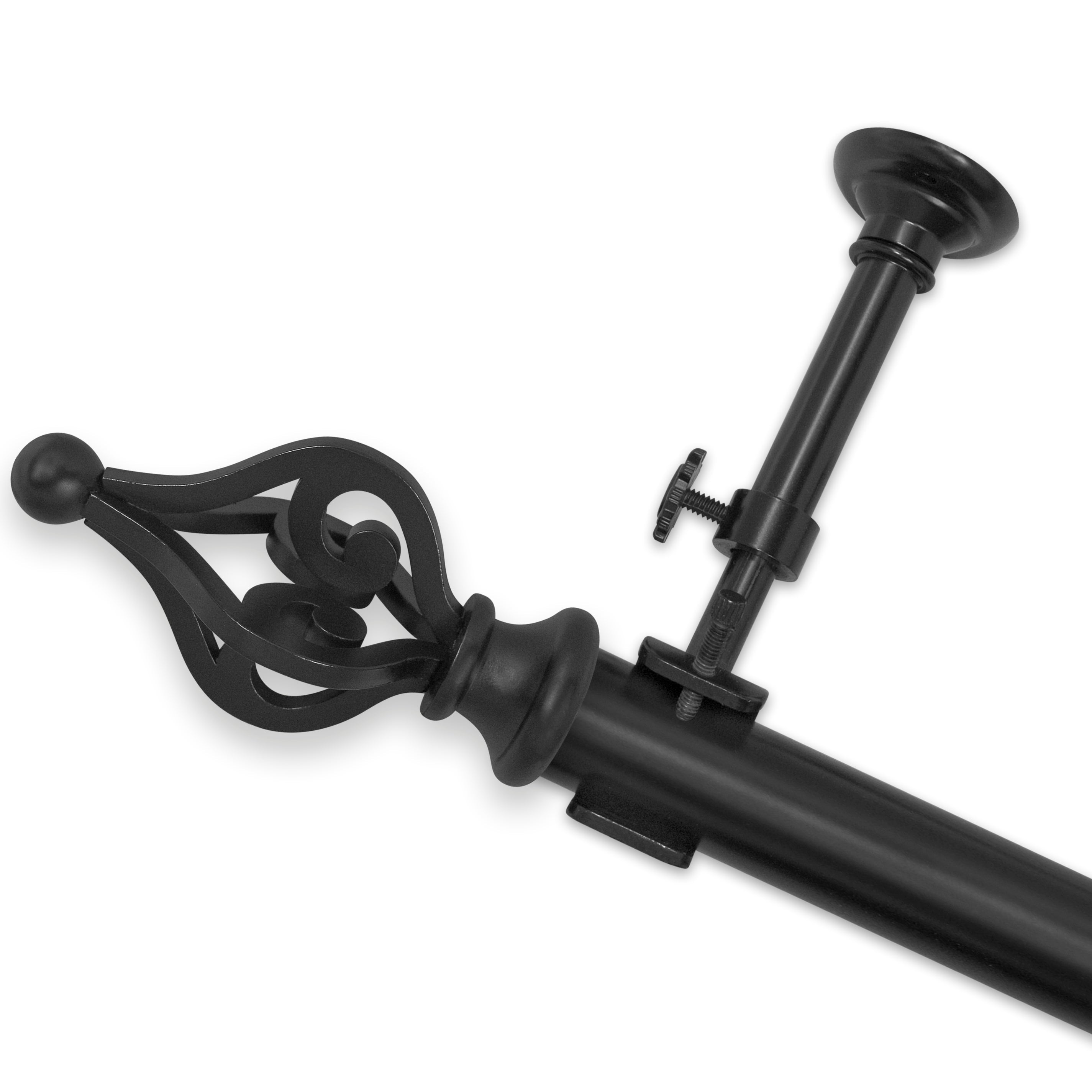 Pinnacle Optima Crown Black Adjustable Curtain Rods With Finials Brackets & Reinforcement Braces Curtain Rod