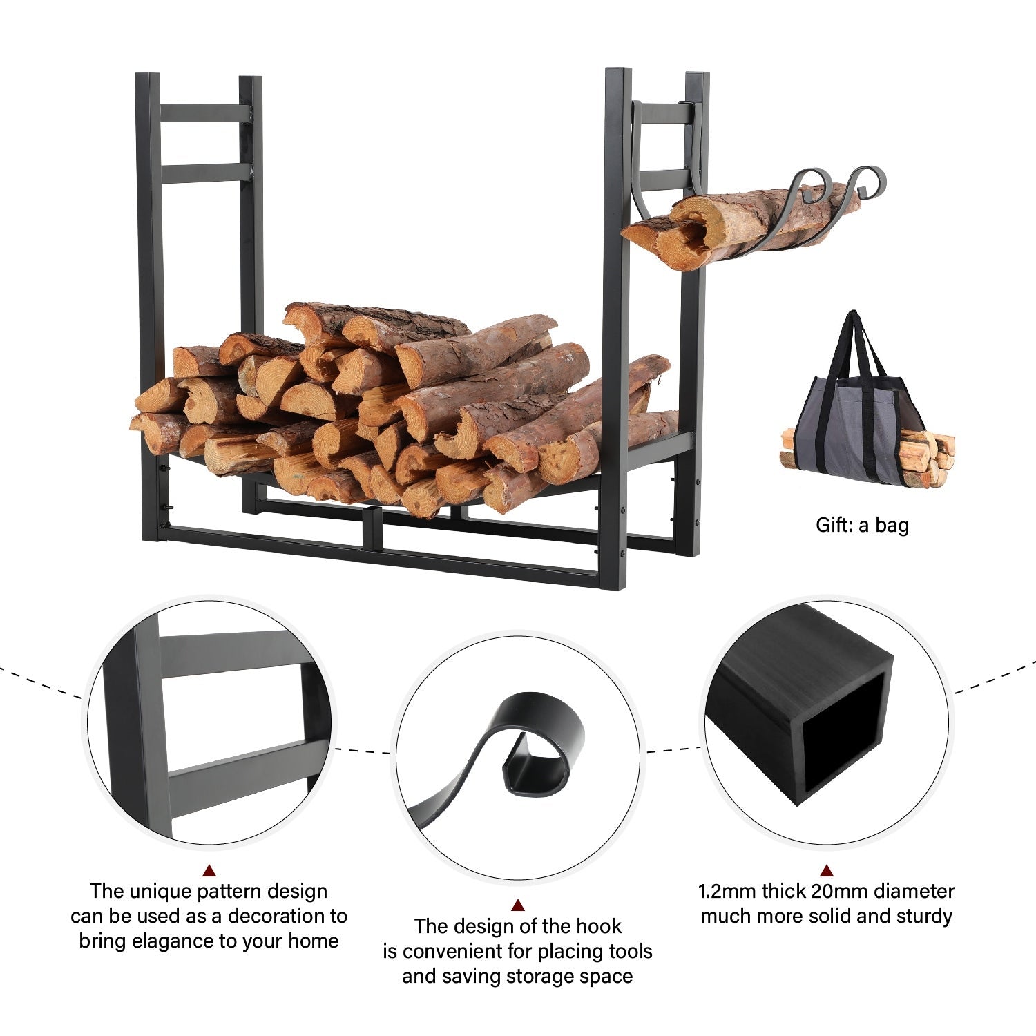 PHI VILLA Heavy Duty Firewood Racks Indoor/Outdoor Log Rack with Kindling Holder, 30 Inches Tall, Black Fireplace Accessory