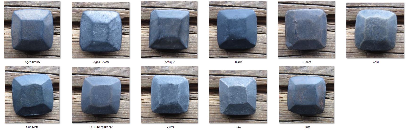 A view of different finishes on Square head bolts that have been hammered into a pyramid texture finished in Aged Bronze, Aged Pewter, Antique, Black Bronze, Gold, Gun Metal, Oil Rubbed Bronze, Pewter, Raw, Rust.