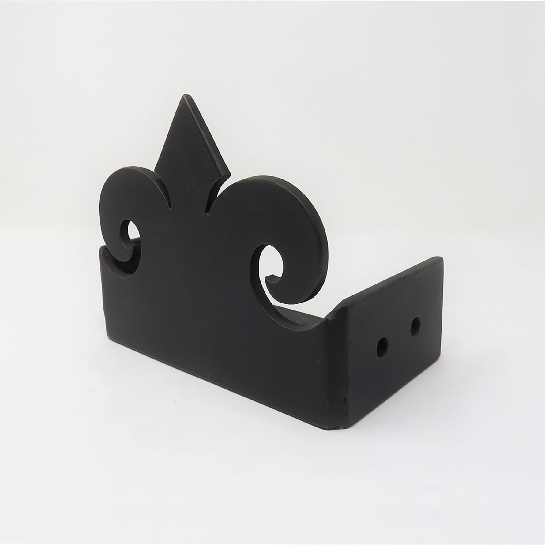 A black iron joist hanger with a tabbed design and smooth texture, finished in oil rubbed bronze, against a white background.