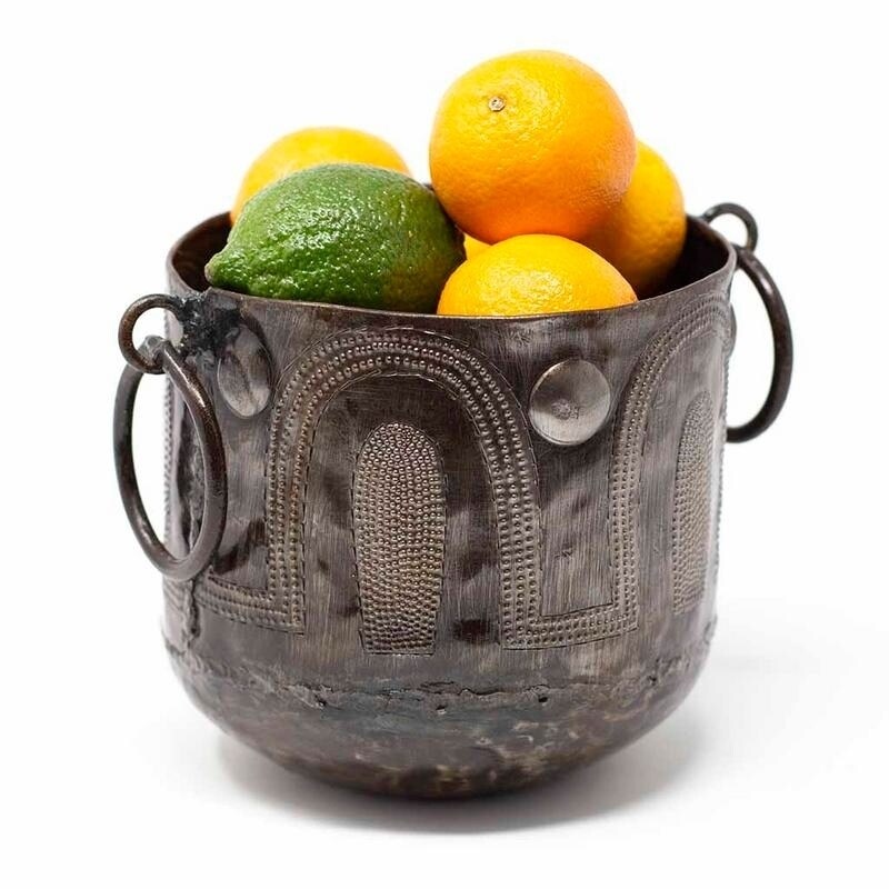 The Curated Nomad Haitia Handmade Hammered Metal Round Container with Handles Decorative Bowls Kitchen Accessory