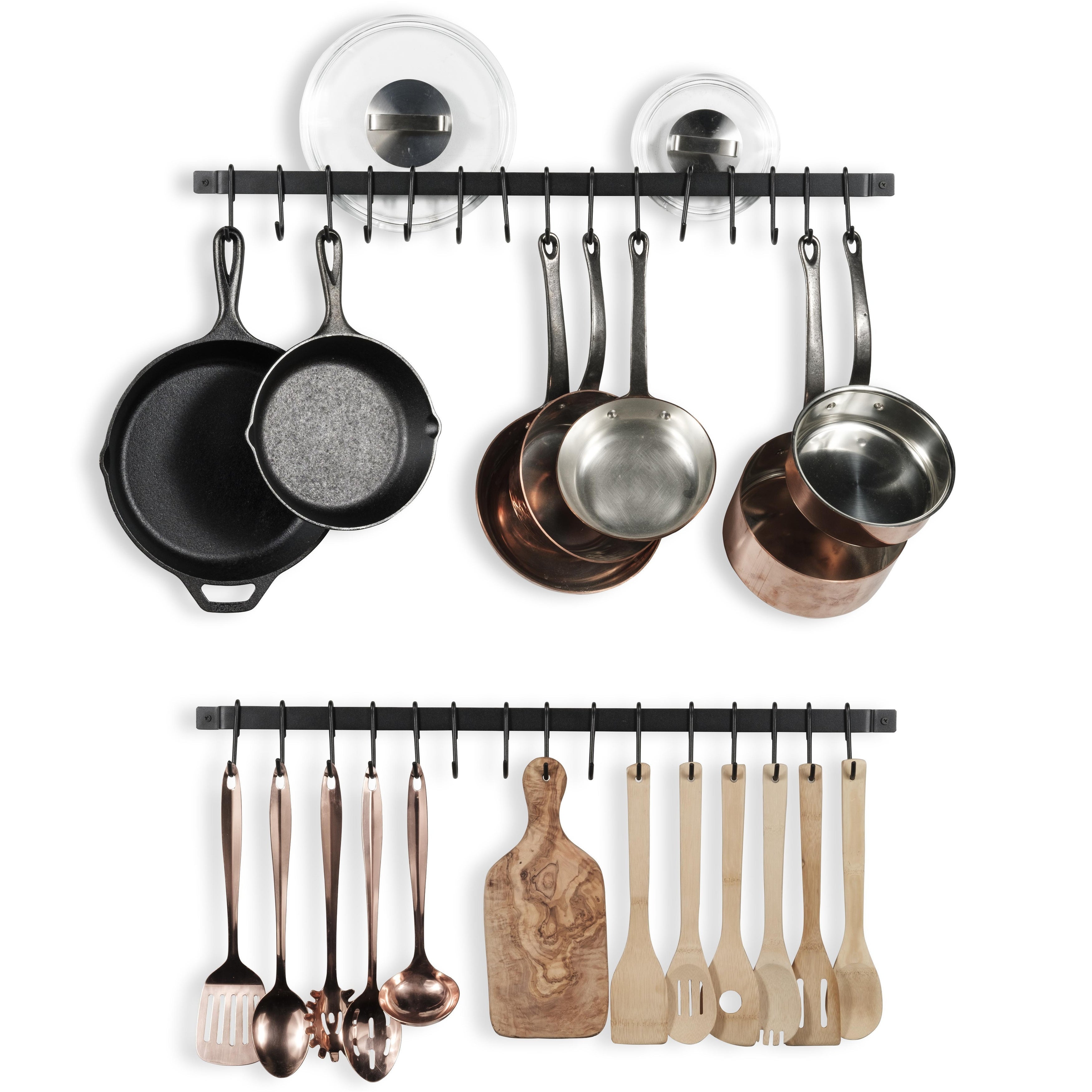 Wallniture Casto 30" Pot Rack Set of 2 with 30 Hooks, Utensil Holder, Iron, Black Pot Racks Kitchen Accessory