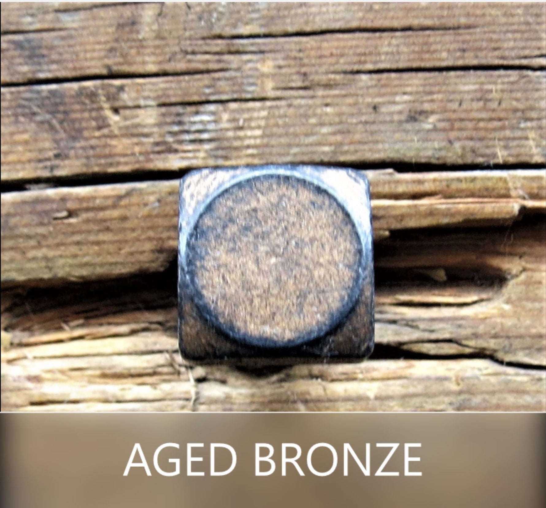 a square head lag with a smooth texture and an aged bronze patina screwed into a piece of wood as the background 