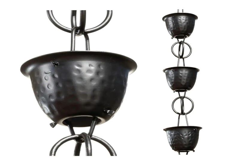 Black Hammered Rain Chain Aluminum Cups 8.5 ft Long