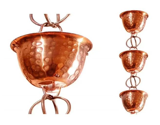 Solid Copper Hammered Rain Chain Cups 8.5 ft Long