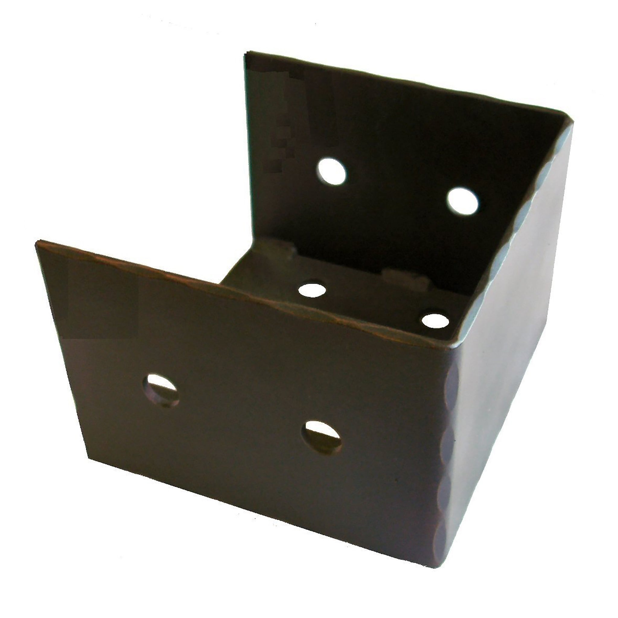 A black metal joist hanger with a hammered texture and two holes for fasteners, designed to support two perpendicular beams.