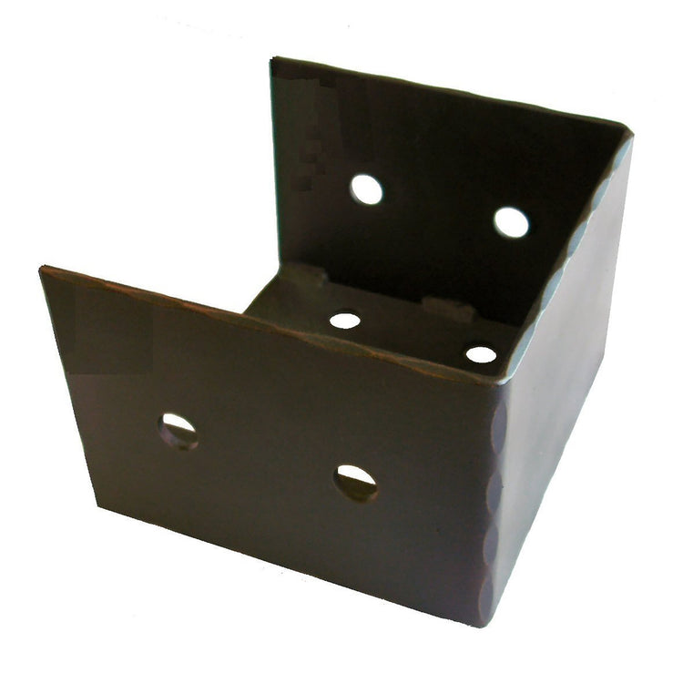 A black metal joist hanger with a hammered texture and two holes for fasteners, designed to support two perpendicular beams.