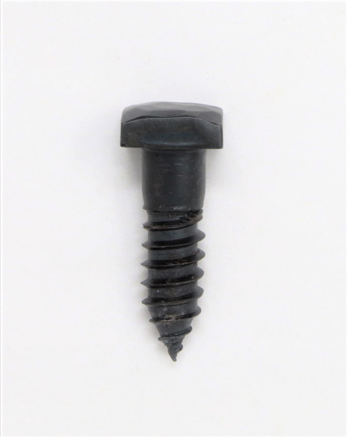 A side view of a square head lag that has been hand hammered and painted black on a clean white background