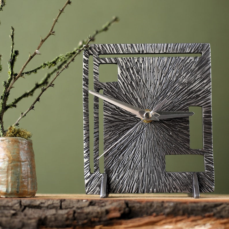 11th Anniversary Steel Clock, Traditional Wedding Gift, Handmade Desk Clock with Dials, Analogue Mechanism Timepiece Couples Gift Hooks