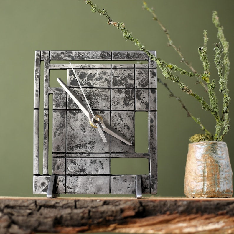 11th Anniversary Steel Clock, Traditional Wedding Gift, Handmade Desk Clock with Dials, Analogue Mechanism Timepiece Couples Gift Hooks