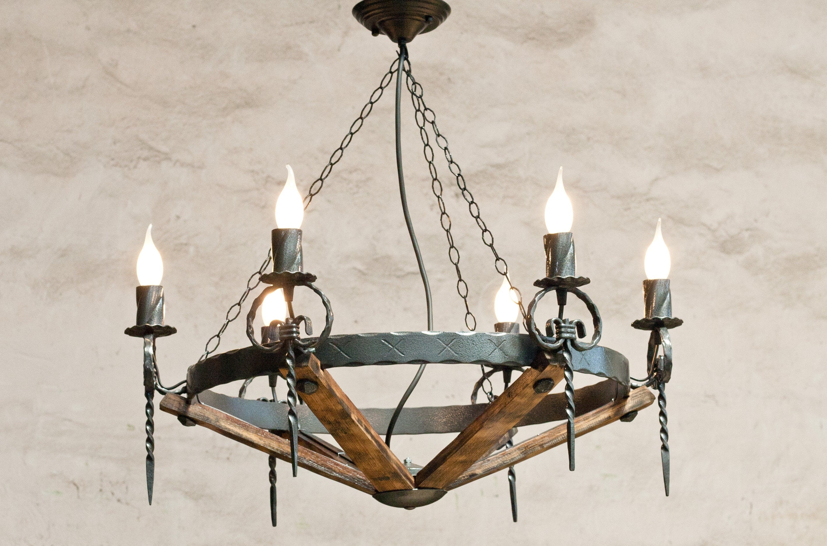 Wrought Iron & Wood Chandelier Light | Rustic chandelier Lighting