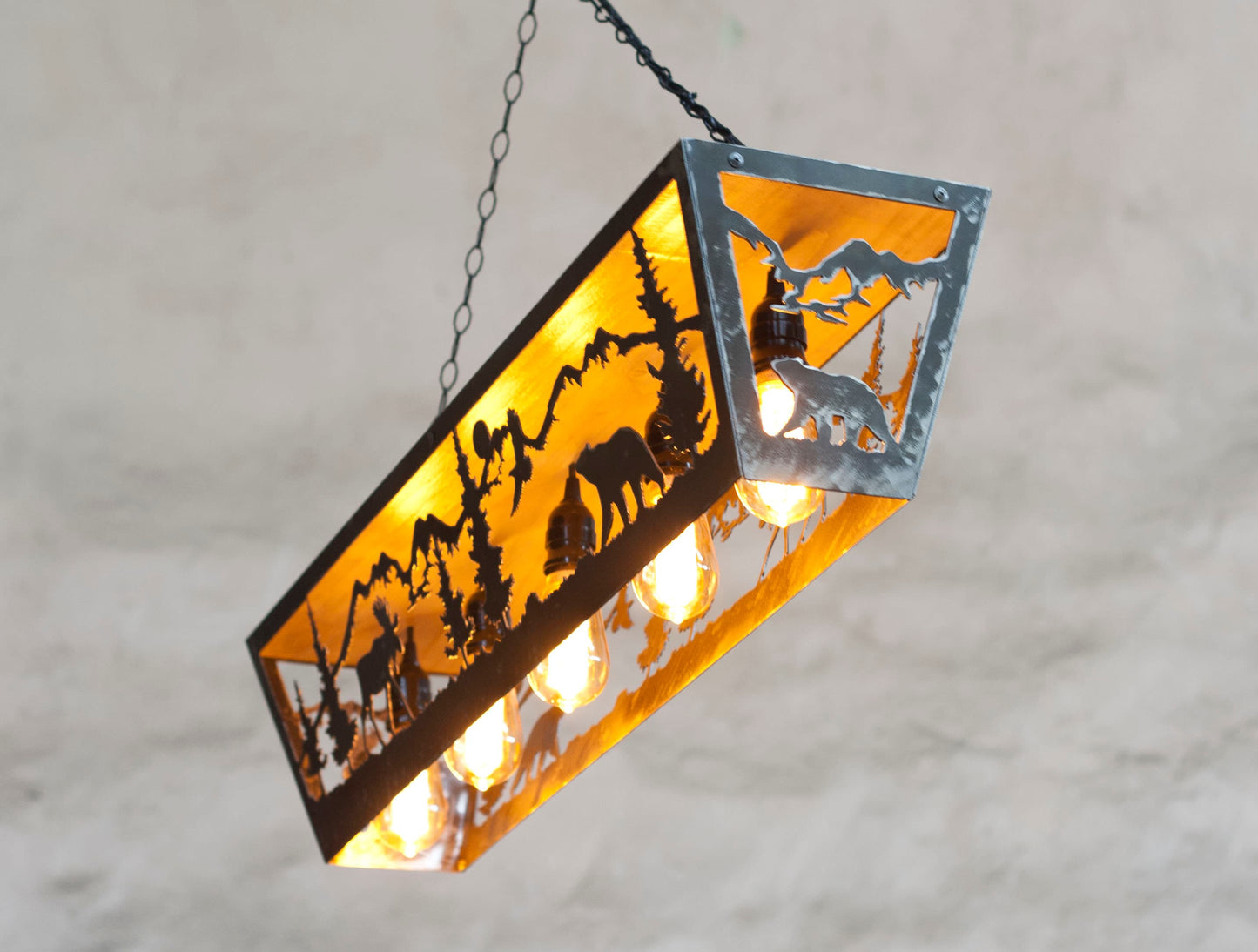 Rustic five lights fixture. Moose and Bear pendant light. Five lights fixture. Cabin lights