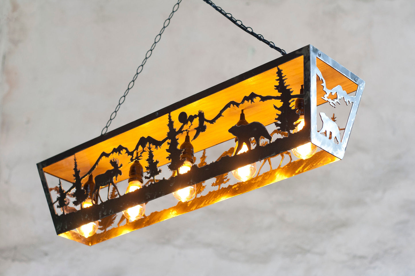 Rustic five lights fixture. Moose and Bear pendant light. Five lights fixture. Cabin lights