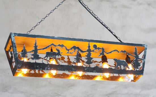 Rustic five lights fixture. Moose and Bear pendant light. Five lights fixture. Cabin lights