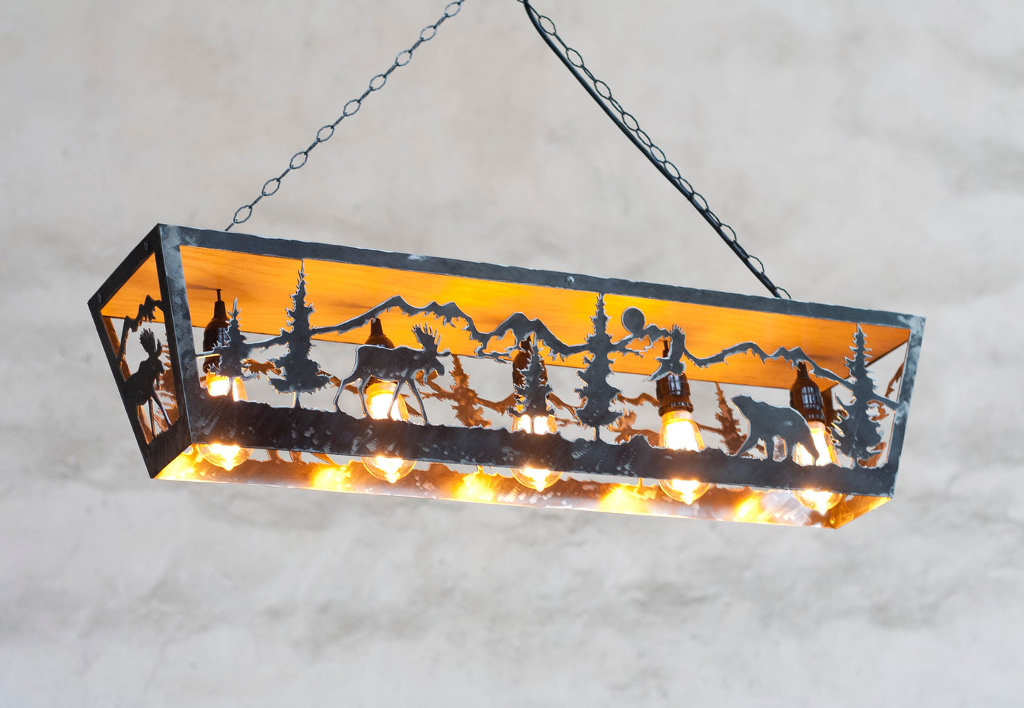 Rustic five lights fixture. Moose and Bear pendant light. Five lights fixture. Cabin lights