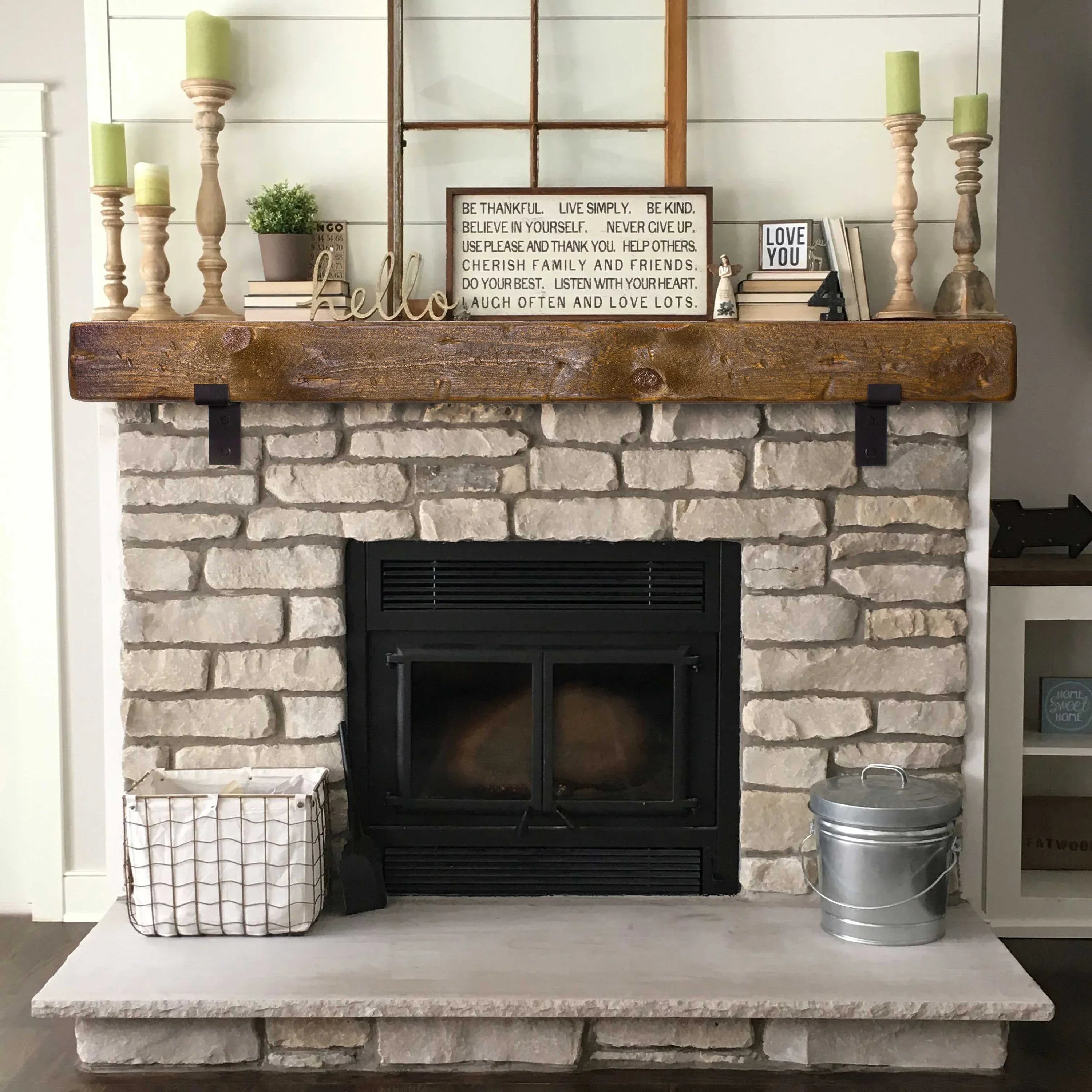 Rustic Fireplace Mantel with Metal Brackets - Old West Iron