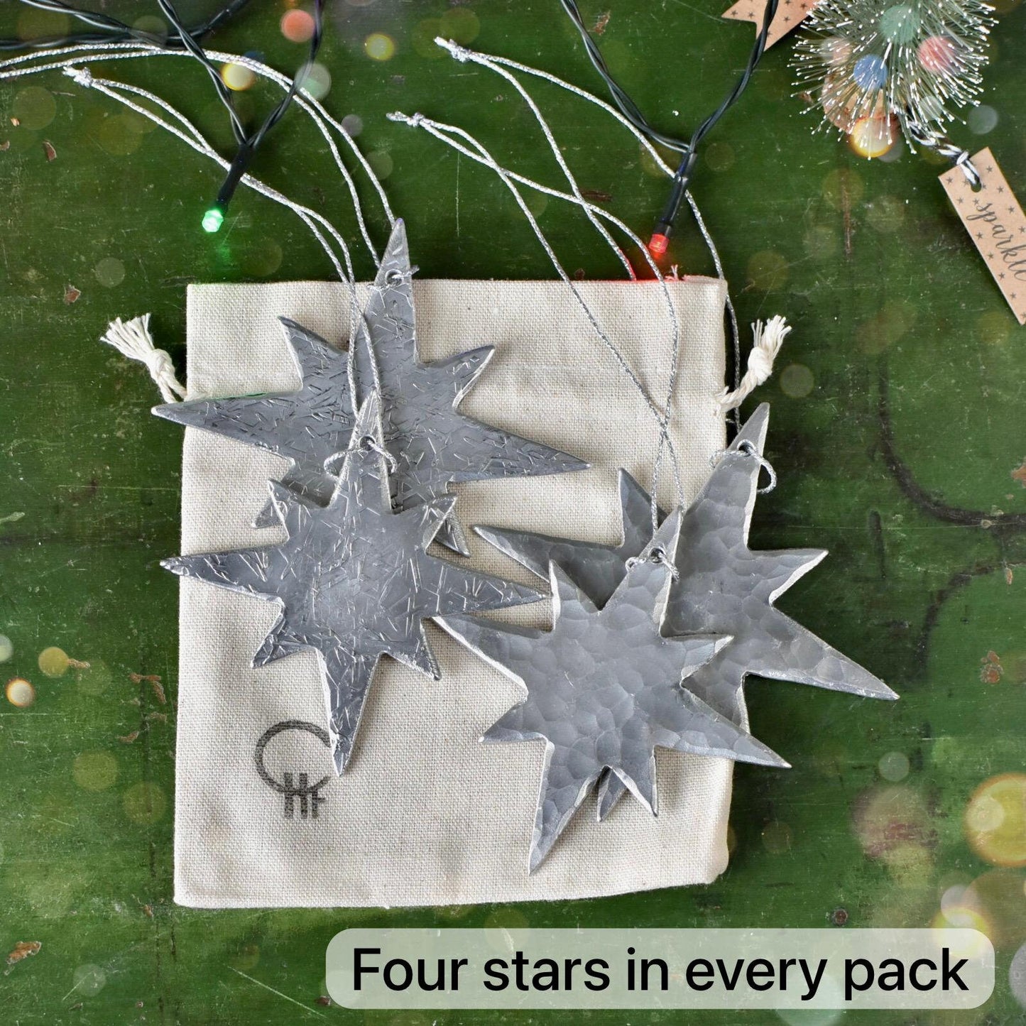 Silver Star Decorations Set of 4, Handmade Hammered Metal Aluminium Star Original Tree Decs and Home Garland and Fireplace Decor UK Hooks