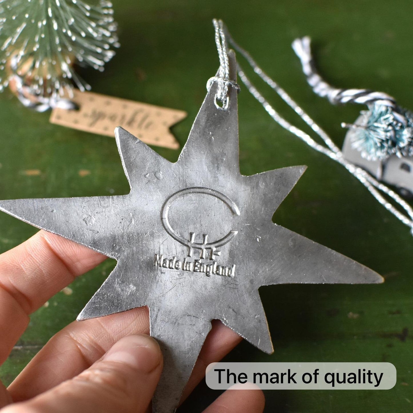 Silver Star Decorations Set of 4, Handmade Hammered Metal Aluminium Star Original Tree Decs and Home Garland and Fireplace Decor UK Hooks