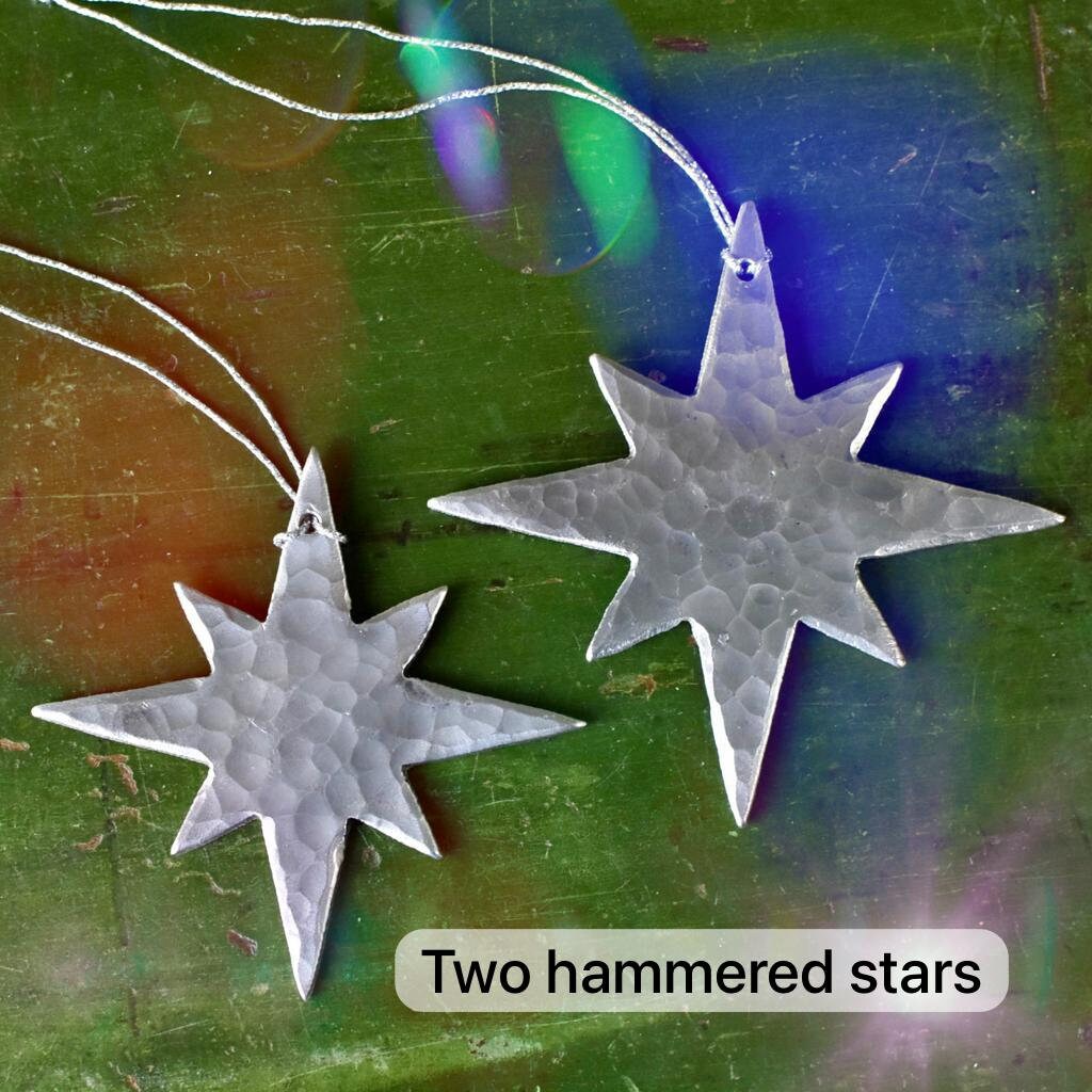 Silver Star Decorations Set of 4, Handmade Hammered Metal Aluminium Star Original Tree Decs and Home Garland and Fireplace Decor UK Hooks