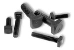 Different sized square head bolts with a black oxide finish on a clean whit background.
